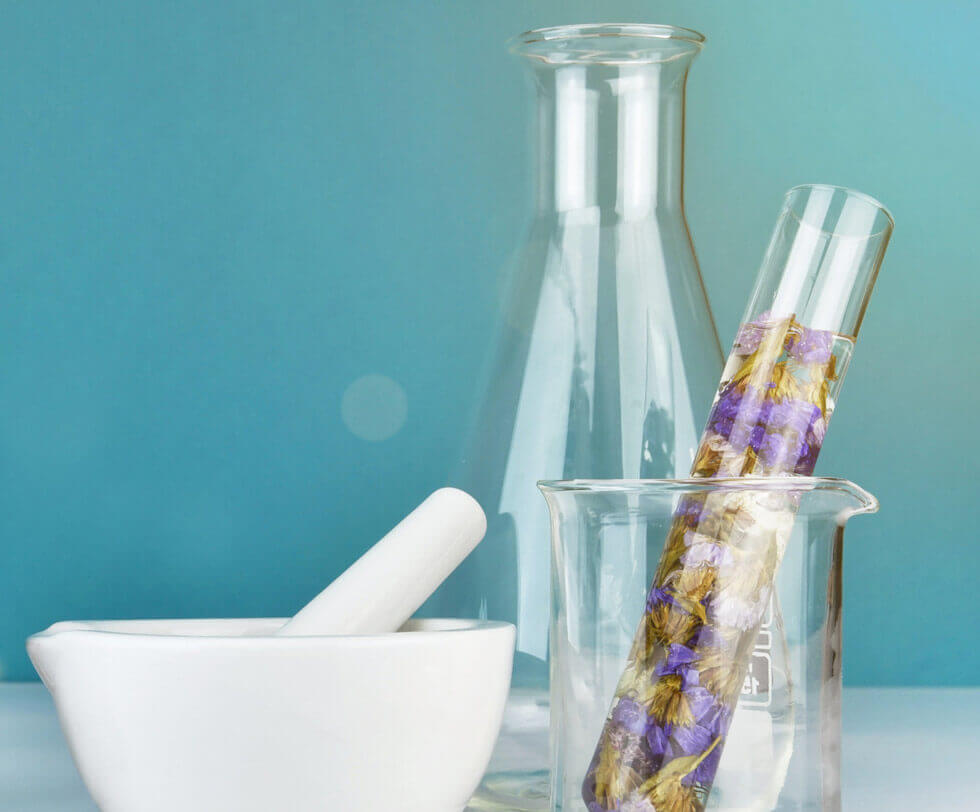 Creating floral fragrance using beakers and mortar & pestle